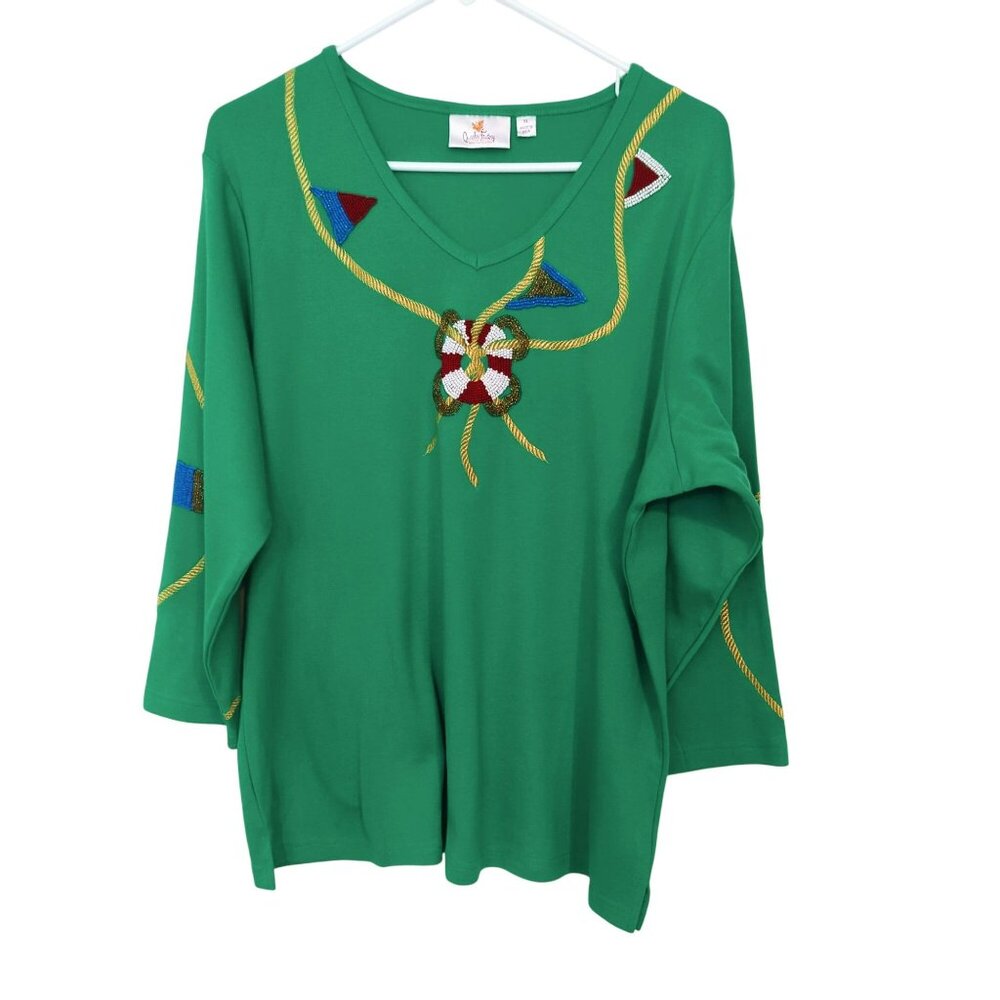 Quacker Factory Womens Top Size XL Nautical Embroidered Beaded 3/4 Sleeves